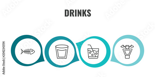 drinks outline icon set. thin line fish skeleton, white russian drink, caipirinha, irish sour icons. editable vector