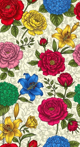 Vibrant floral pattern featuring roses, lilies, and hydrangeas on a textured cream background