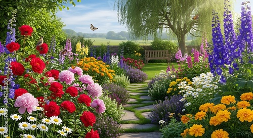 Vibrant blooming garden path leads to a peaceful bench under a large tree