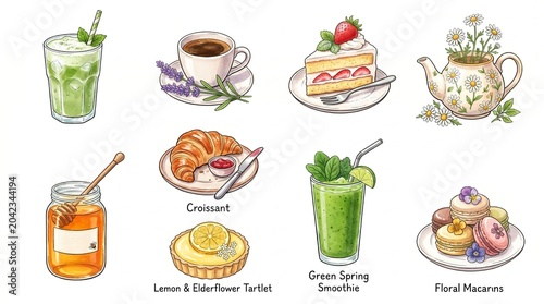 Aesthetic Cafe Menu Illustration Set with Matcha Coffee Strawberry Cake Macarons and Pastries on White Background