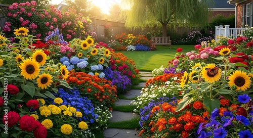 Vibrant blooming garden path bathed in golden sunlight, a sanctuary of color
