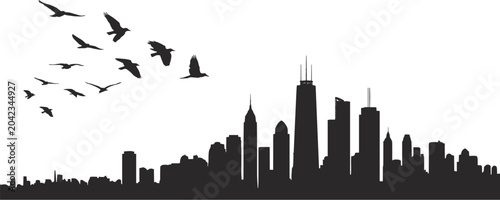 Photos Silhouette of City Skyline with Birds Flying Away migration