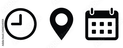 Schilderij op canvas Time address and date icon vector set featuring clock, map pin location, and cal