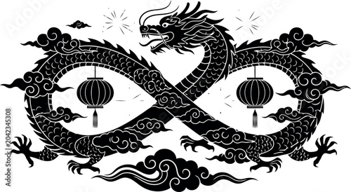 Intricate chinese dragon forming infinity symbol with traditional lanterns illustration