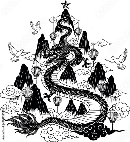 Artistic illustration of a dragon flying over mountains with lanterns and birds