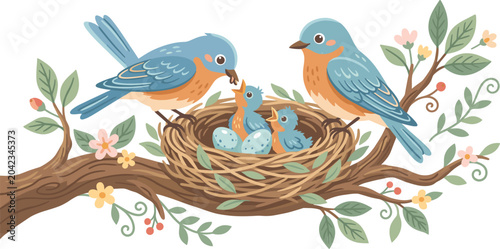 Photos Cute cartoon illustration of two bluebird parents feeding small chicks in a tree