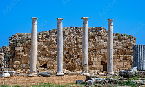 Columns and masonry of the ancient archaeological ruins near Salamis on Cyprus