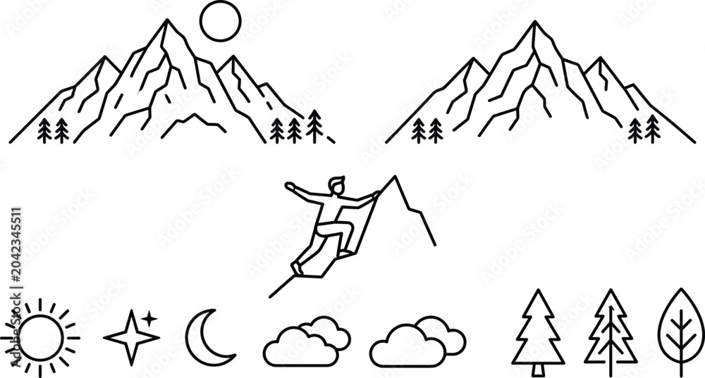 Fototapeta premium Collection of minimalist outdoor line illustrations featuring mountains, trees, sun, moon, clouds, hiking and nature adventure icons