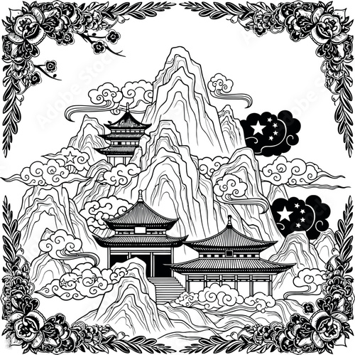 Traditional asian temple illustration with mountains and decorative floral frame design