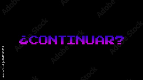 Pixel-style '¿Continuar?' (Continue? in Spanish) text in a purple gradient, gently rotating and shaking. Includes white, black, and green screen backgrounds. Retro 8-bit games, Spanish themes concept
