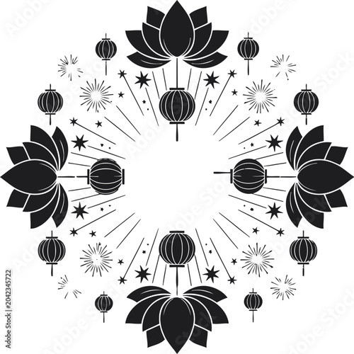 Beautiful decorative lotus flowers and lanterns with fireworks design isolated illustration