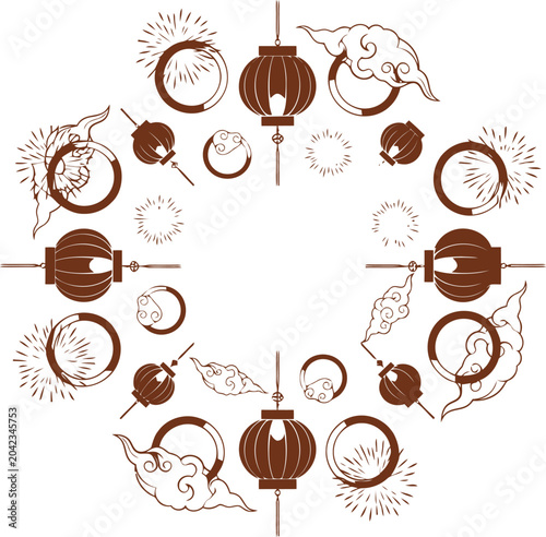 Traditional asian lanterns and decorative cloud patterns with fireworks design elements