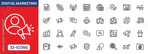 Digital Marketing and Communication Line Icon Set – Media, Analytics and Business Strategy Vector Collection