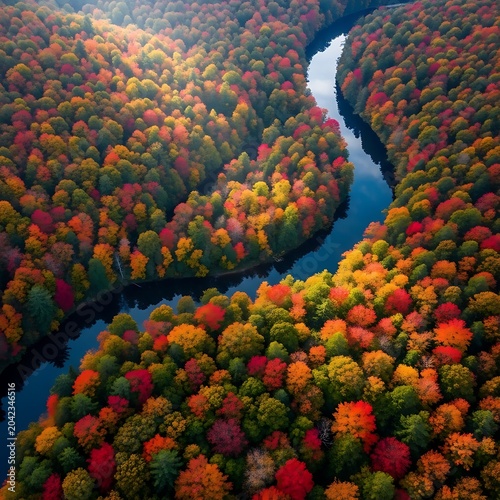 Vibrant autumn forest canopy glows with a winding river reflecting the sky