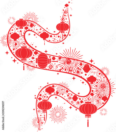 Beautiful decorative red chinese lanterns and fireworks in elegant swirl design