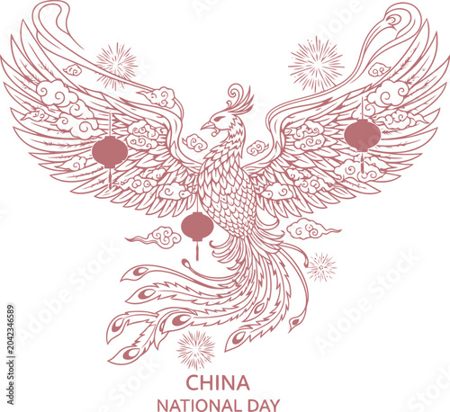 Beautiful ornate chinese phoenix illustration with lanterns for national day celebration