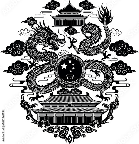 Intricate chinese dragon and traditional architecture design isolated illustration