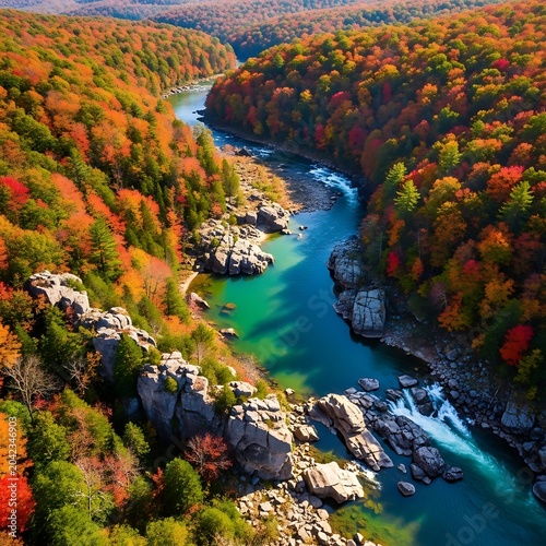 Vibrant autumn forest canyon cradles a flowing turquoise river with rocky outcrops