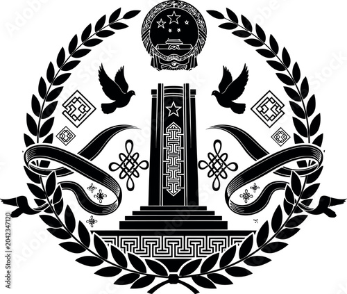 Intricate cultural emblem featuring monument birds and traditional symbols isolated design