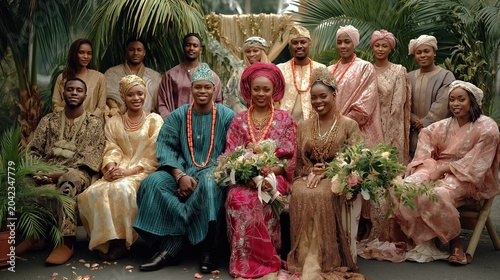 Traditional Nigerian wedding group portrait with bride and groom. West African family celebration in elegant cultural attire. Couple in gele and agbada with coral beads