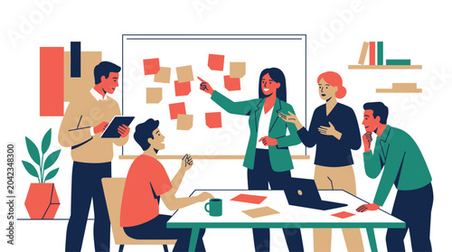 Diverse group of coworkers collaborating on project using sticky notes on board in meeting room with table