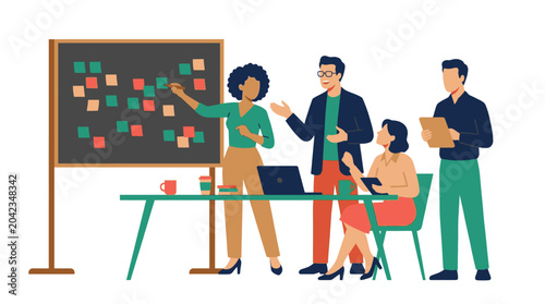 Photos Diverse team collaborating on project with sticky notes on board discussing ideas and planning strategy in meeting room