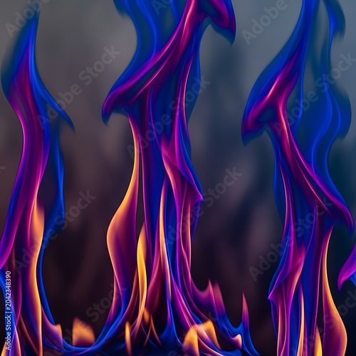 Vibrant blue and purple flames dance with fiery orange and yellow accents