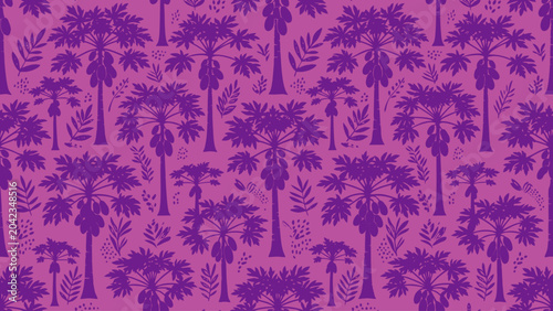 Vibrant purple palm trees and tropical foliage create a striking pattern.