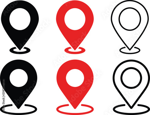 Set of six location pin icons in black red and outline styles
