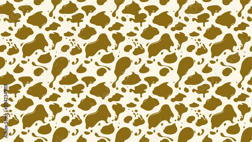 Abstract seamless pattern of brown liquid splashes and drops on a light background.