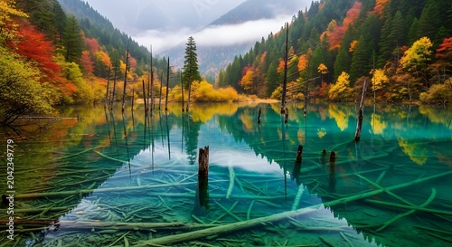 Vibrant autumn forest surrounds turquoise lake with submerged wood and reflections