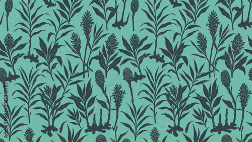 Seamless pattern with dark silhouettes of various plants and leaves.