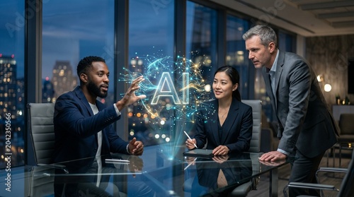 Multicultural Business Team Analyzing Global AI Network Visualization in Contemporary Corporate Meeting Space