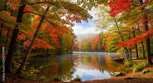 Vibrant autumn forest with a calm lake, reflecting colorful foliage under a misty sky