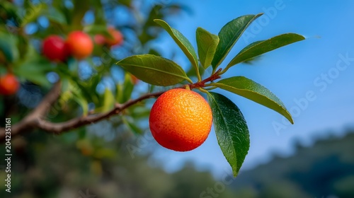 vibrant orange strawberry tree fruit hangs from a branch with lush green leaves against a clear blue sky.