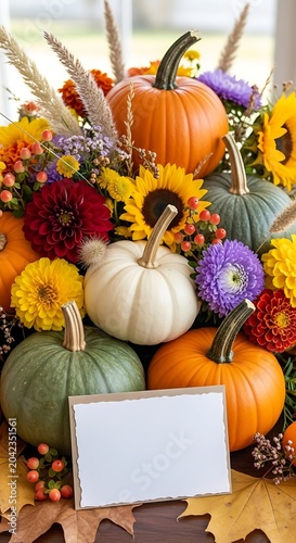 Vibrant autumn harvest centerpiece with pumpkins, sunflowers, asters, and golden leaves