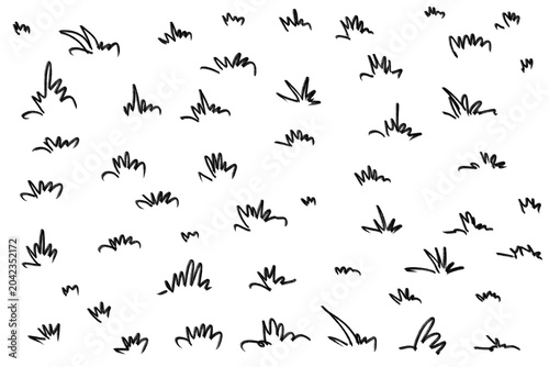 Hand drawn grass doodle elements set on white background Minimalist line art grass icons collection for landscape design Abstract black ink grass sketch pattern backg