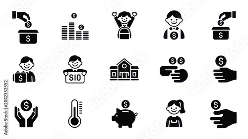 Fotografia Set of 15 Black Donation Charity Icons Vector
