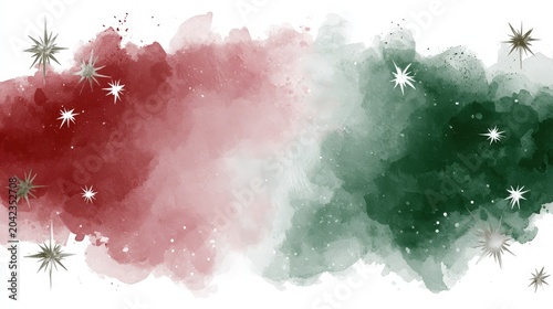 Colorful watercolor design with red, green, and white swirls and star shapes for a festive background during holiday season
