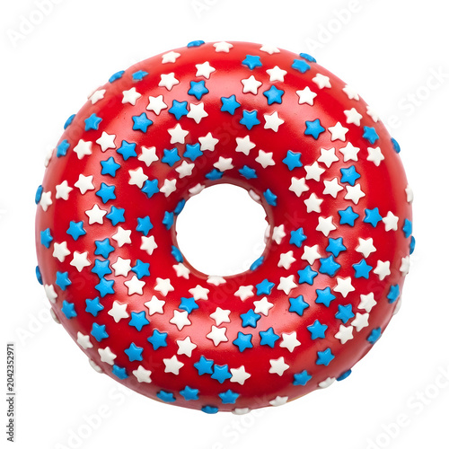 Colorful sprinkled donut with white frosting isolated on white background