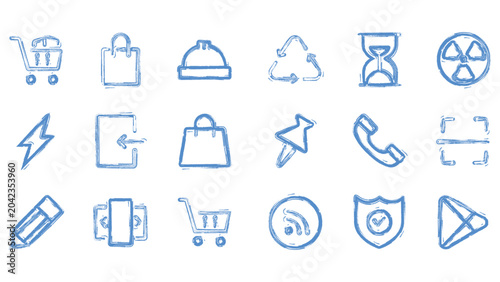Foto Set of blue hand drawn icons featuring a shopping cart, bag, hard hat, and other universal symbols