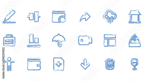 Foto Collection of blue hand drawn icons featuring a pen, wallet, cloud, umbrella, and other diverse symbols