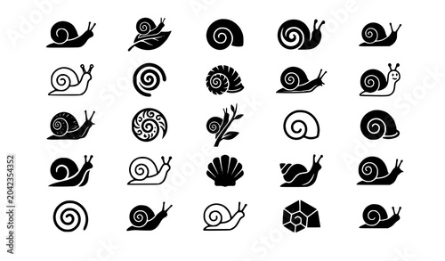 Bilde på lerret Snail Silhouette Icon Set with Spiral Shell Shapes and Garden Gastropod Symbols