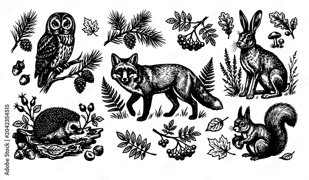 Fototapeta premium Vintage Linocut Woodland Animals Vector Set with Fox Owl Rabbit Hedgehog Squirrel and Autumn Forest Botanical Elements for Rustic Graphic Designs