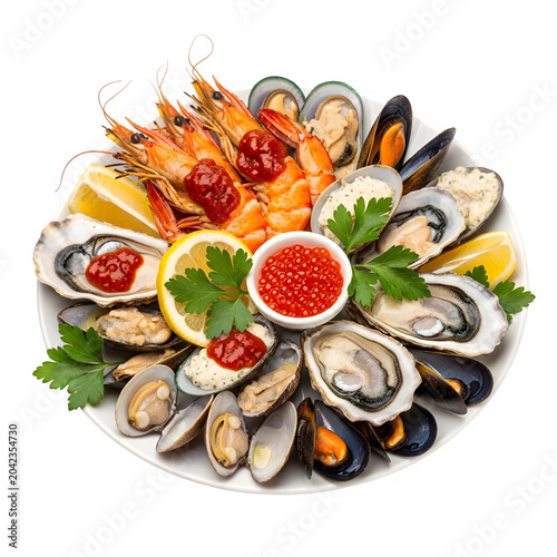 Colorful healthy food assortment on white plate isolated on white background