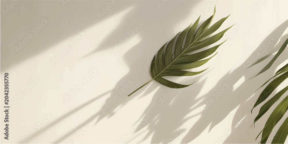 Fototapeta premium Soft tropical palm leaf shadow overlay on warm beige cream wall background with natural light and blur effect for product display, summer poster, banner, wallpaper, backdrop, template