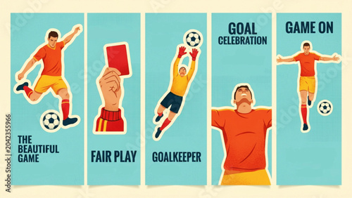 Set of soccer match illustrations depicting fair play referee red card and goalkeeper saves in a vibrant retro color style for sports editorial.