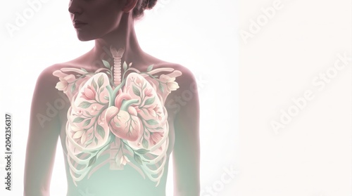 Female silhouette with floral internal organs symbolizing healthy and longevity, inner harmony and wellness double exposure, white background