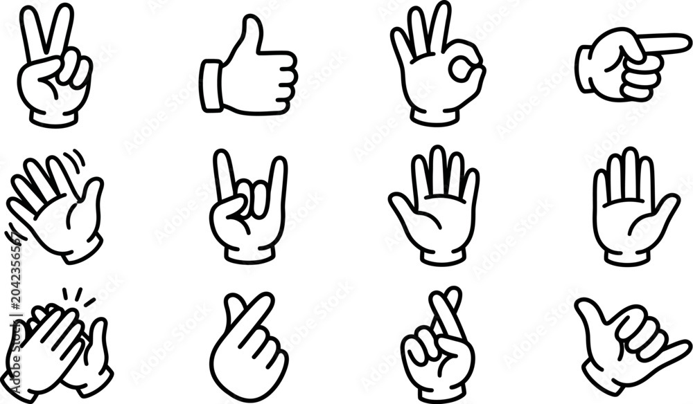 Fototapeta premium Various hand gestures and signs collection of twelve different hand signs