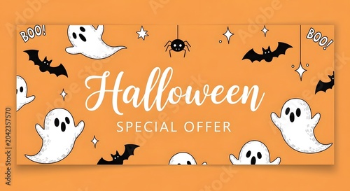 Halloween special offer banner with cute handdrawn ghosts, bats, and spider on an orange background